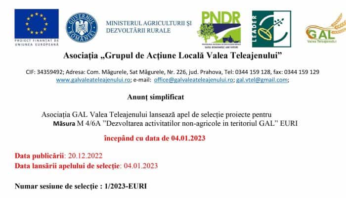 Anunț simplificat | Asociația GAL Valea Teleajenului lansează apel de selecție proiecte pentru Măsura M 4/6A 