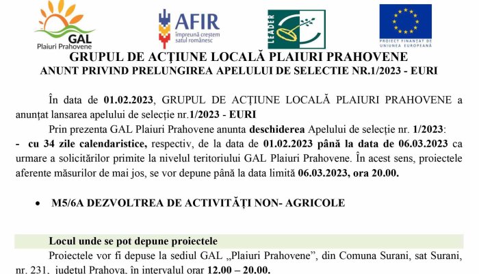 GRUPUL DE ACȚIUNE LOCALĂ PLAIURI PRAHOVENE | ANUNȚ PRIVIND PRELUNGIREA APELULUI DE SELECTIE NR.1/2023 - EURI