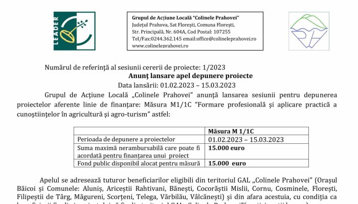 Grupul de Acţiune Locală „Colinele Prahovei” | Anunţ lansare apel depunere proiecte | Măsura M1/1C “Formare profesională şi aplicare practică a cunoştiinţelor în agricultură şi agro-turism” 