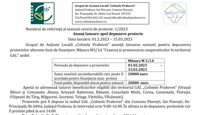 Grupul de Acţiune Locală „Colinele Prahovei” | Anunţ lansare apel depunere proiecte | Măsura M3/1A ”Crearea și promovarea cooperativelor în teritoriul GAL’’