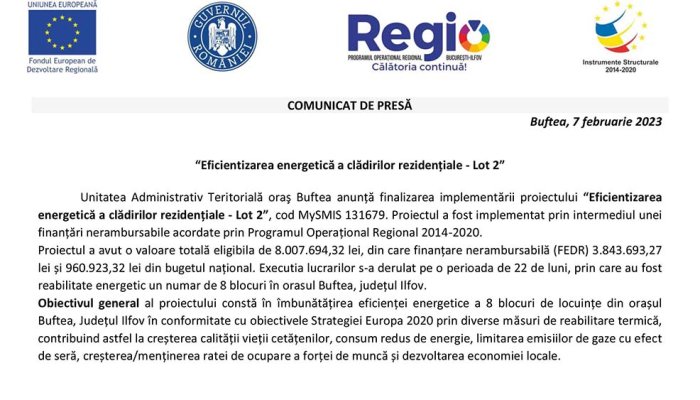 COMUNICAT DE PRESĂ | “Eficientizarea energetică a clădirilor rezidențiale - Lot 2”