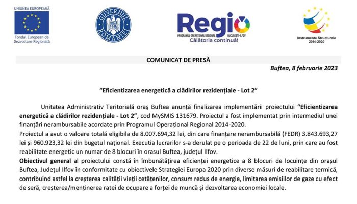 COMUNICAT DE PRESĂ | “Eficientizarea energetică a clădirilor rezidențiale - Lot 2”