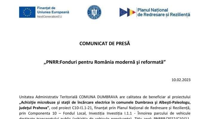 COMUNICAT DE PRESĂ | „PNRR:Fonduri pentru România modernă şi reformată” | UAT COMUNA DUMBRAVA  