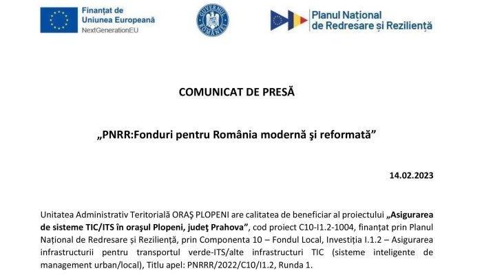 COMUNICAT DE PRESĂ | „PNRR: Fonduri pentru România modernă şi reformată” | Unitatea Administrativ Teritorială ORAŞ PLOPENI 