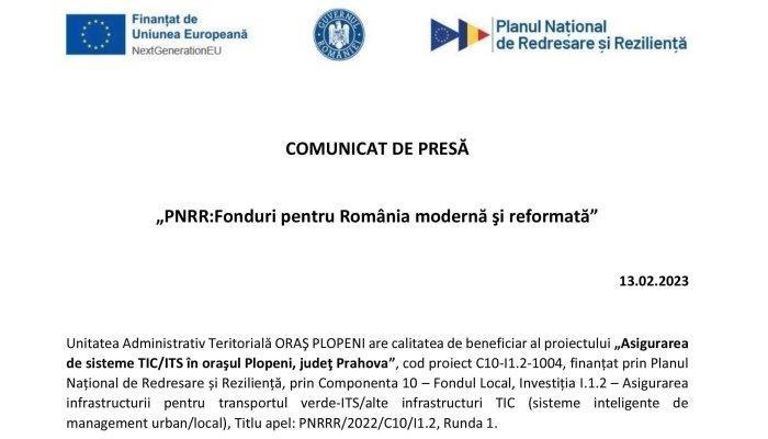 COMUNICAT DE PRESĂ | „PNRR: Fonduri pentru România modernă şi reformată” | Unitatea Administrativ Teritorială ORAŞ PLOPENI