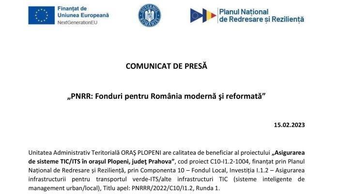 COMUNICAT DE PRESĂ | „PNRR: Fonduri pentru România modernă şi reformată” | Unitatea Administrativ Teritorială ORAŞ PLOPENI