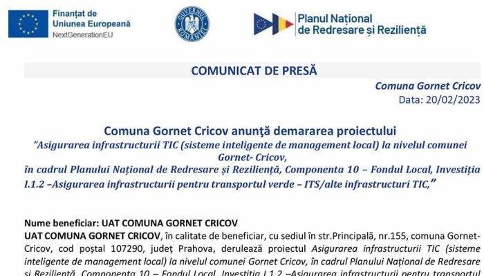 COMUNICAT DE PRESĂ | Comuna Gornet Cricov