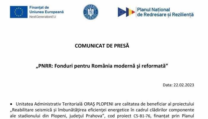 COMUNICAT DE PRESĂ | „PNRR: Fonduri pentru România modernă şi reformată”