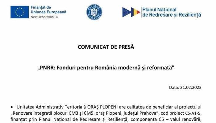 COMUNICAT DE PRESĂ | „PNRR: Fonduri pentru România modernă şi reformată”