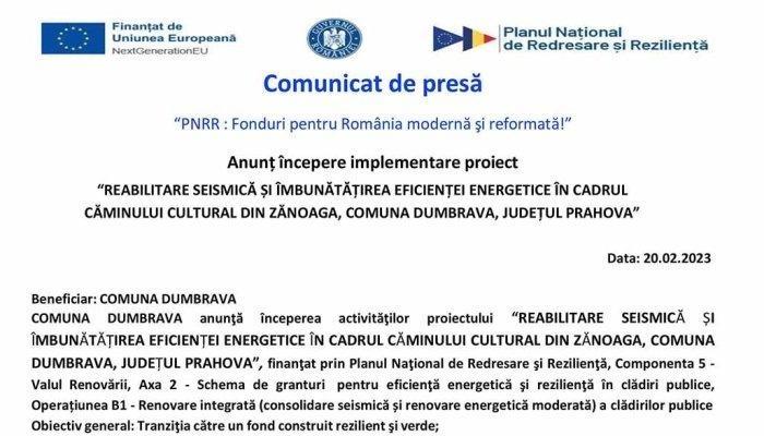 Comunicat de presă |  “PNRR : Fonduri pentru România modernă şi reformată!”