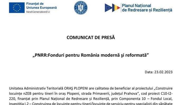 COMUNICAT DE PRESĂ | „PNRR: Fonduri pentru România modernă şi reformată” | Unitatea Administrativ Teritorială ORAŞ PLOPENI