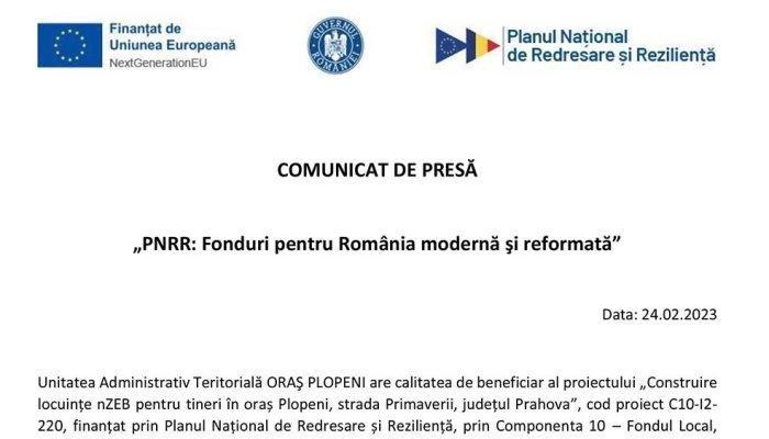 COMUNICAT DE PRESĂ | „PNRR: Fonduri pentru România modernă şi reformată” | Unitatea Administrativ Teritorială ORAŞ PLOPENI