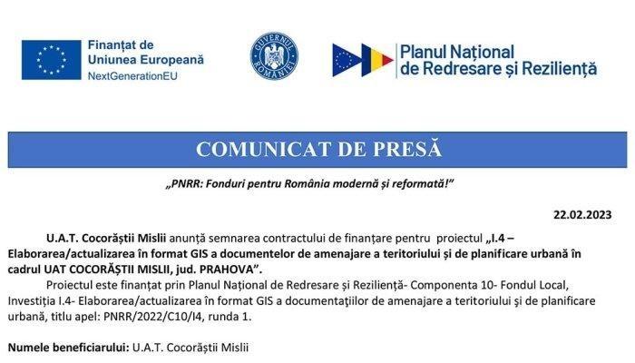 COMUNICAT DE PRESĂ | „PNRR: Fonduri pentru România modernă şi reformată” | U.A.T. Cocorăștii Mislii 