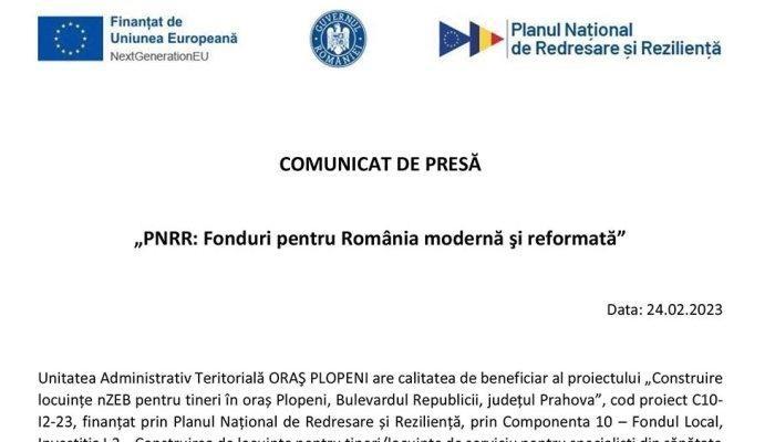 COMUNICAT DE PRESĂ | „PNRR: Fonduri pentru România modernă şi reformată” | Unitatea Administrativ Teritorială ORAŞ PLOPENI