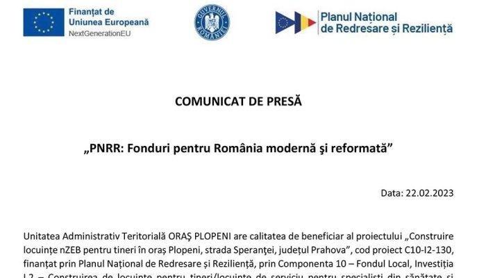 COMUNICAT DE PRESĂ | „PNRR: Fonduri pentru România modernă şi reformată” | Unitatea Administrativ Teritorială ORAŞ PLOPENI