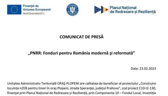 COMUNICAT DE PRESĂ | „PNRR: Fonduri pentru România modernă şi reformată” | Unitatea Administrativ Teritorială ORAŞ PLOPENI