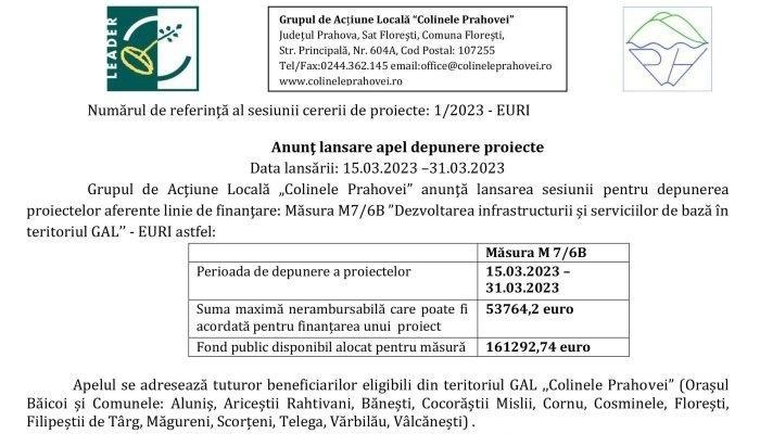 GAL „Colinele Prahovei” | Anunţ lansare apel depunere proiecte |: Măsura M7/6B ”Dezvoltarea infrastructurii și serviciilor de bază în teritoriul GAL’’ - EURI