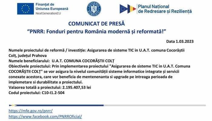 COMUNICAT DE PRESĂ | „PNRR: Fonduri pentru România modernă şi reformată” | Comuna COCORĂȘTII COLȚ