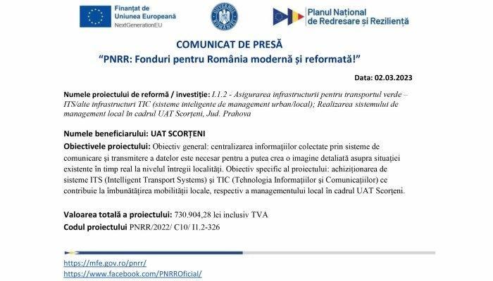 COMUNICAT DE PRESĂ | „PNRR: Fonduri pentru România modernă şi reformată” | UAT SCORȚENI