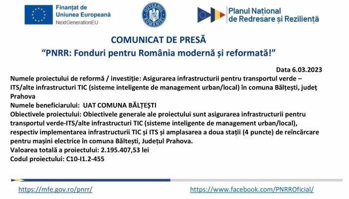 COMUNICAT DE PRESĂ | „PNRR: Fonduri pentru România modernă şi reformată” | UAT COMUNA BĂLȚEȘTI 