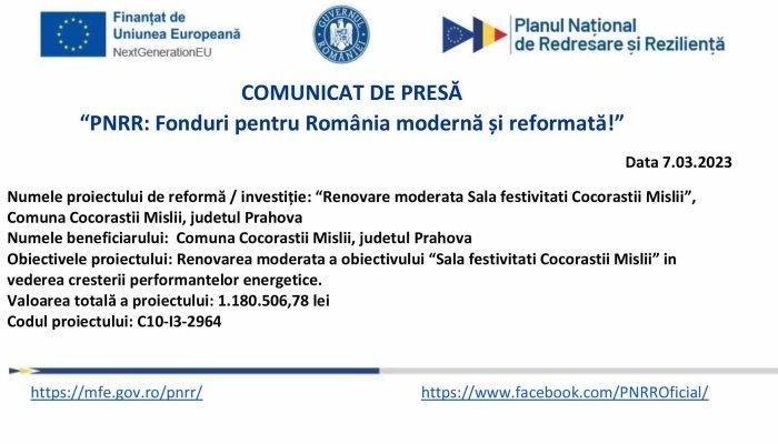 COMUNICAT DE PRESĂ | „PNRR: Fonduri pentru România modernă şi reformată” | U.A.T. Cocorăștii Mislii