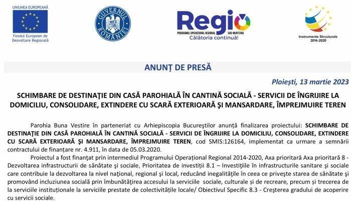 ANUNȚ DE PRESĂ | Parohia Buna Vestire în parteneriat cu Arhiepiscopia Bucureştilor 