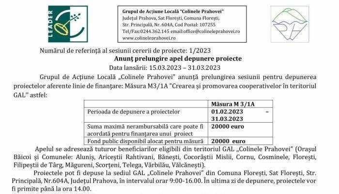 Anunţ prelungire apel depunere proiecte | Grupul de Acţiune Locală „Colinele Prahovei” | Măsura M3/1A 