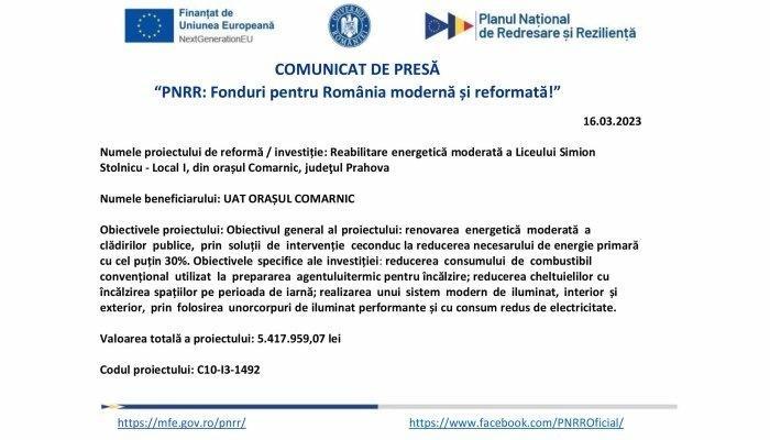 Comunicat de presă |„PNRR: Fonduri pentru România modernă și reformată!” | UAT ORAȘUL COMARNIC