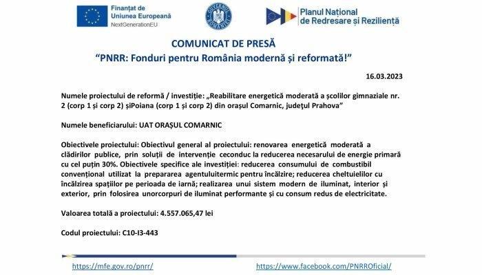 Comunicat de presă |„PNRR: Fonduri pentru România modernă și reformată!” | UAT ORAȘUL COMARNIC