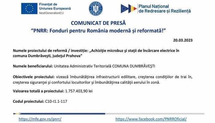 COMUNICAT DE PRESĂ | „PNRR: Fonduri pentru România modernă şi reformată” | UAT COMUNA DUMBRĂVEŞTI 