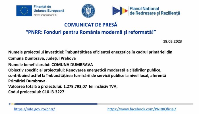 Comunicat de presă | “PNRR : Fonduri pentru România modernă şi reformată!” | COMUNA DUMBRAVA