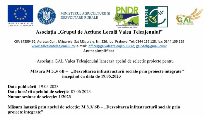 Anunt simplificat | Asociația GAL Valea Teleajenului | Măsura M 3.3/ 6B – „Dezvoltarea infrastructurii sociale prin proiecte integrate”