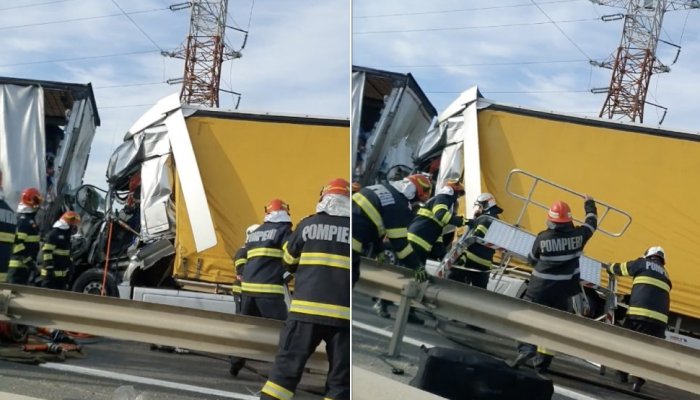 Mașină strivită între două TIR-uri