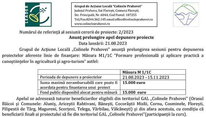 GAL „Colinele Prahovei”. Prelungirea sesiunii pentru depunerea proiectelor aferente liniei de finanţare Măsura M1/1C “Formare profesională şi aplicare practică a cunoştiinţelor în agricultură şi agro-turism”