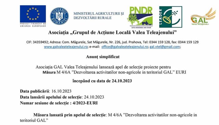 Anunț simplificat | Asociația GAL Valea Teleajenului | Măsura M 4/6A 