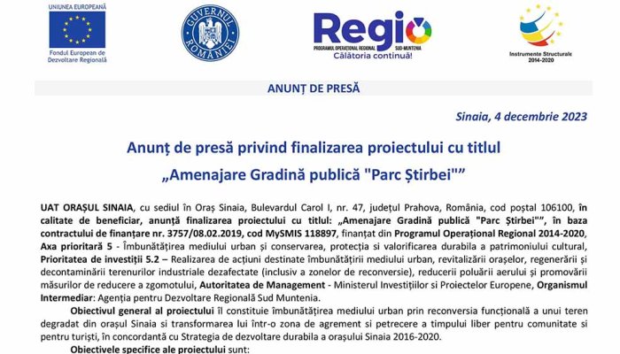 Anunț de presă privind finalizarea proiectului cu titlul  „Amenajare Gradină publică &quot;Parc Știrbei&quot;”