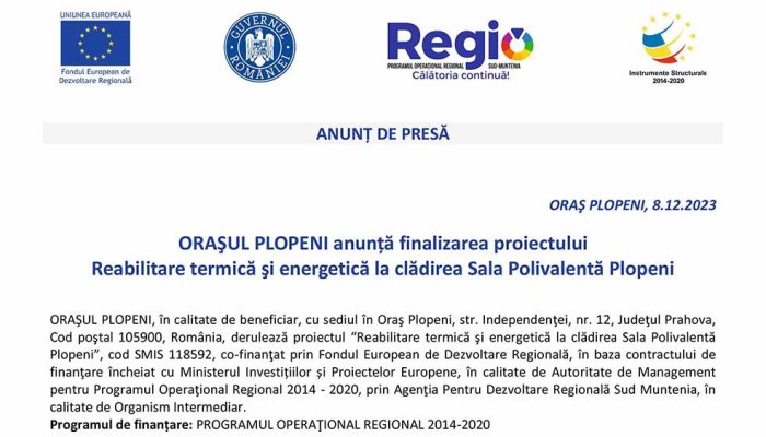 ANUNȚ DE PRESĂ | ORAŞUL PLOPENI