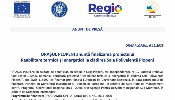 ANUNȚ DE PRESĂ | ORAŞUL PLOPENI