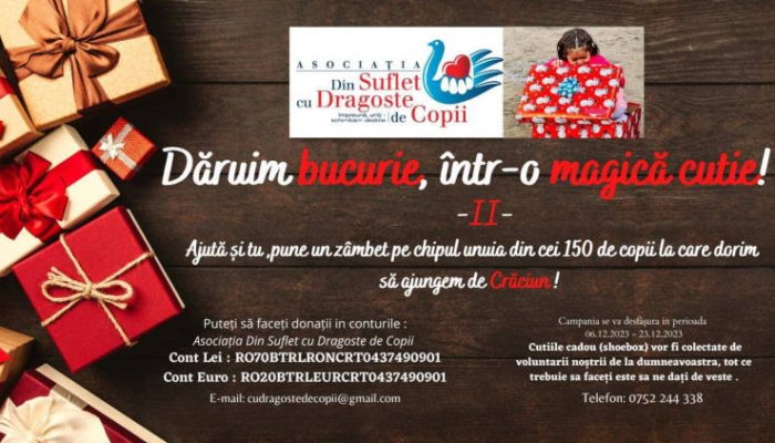 Oferă un cadou de Crăciun! 150 de copii din Prahova vor primi daruri prin campania „Dăruim bucurie”