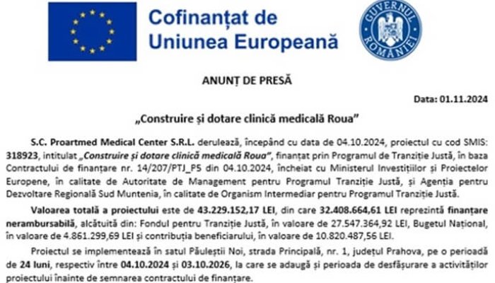 ANUNȚ DE PRESĂ - „Construire și dotare clinică medicală Roua”